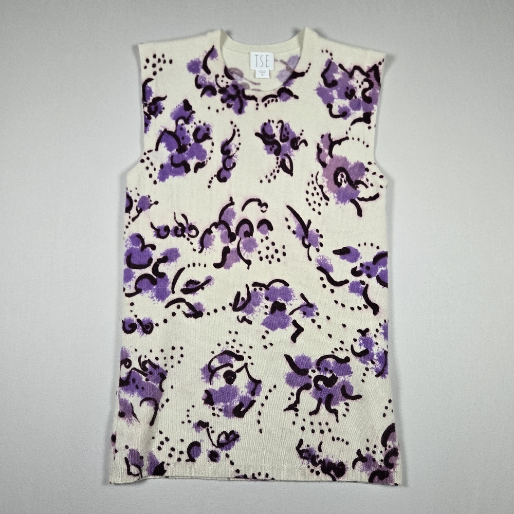 VINTAGE TSE 100% Pure Cashmere Floral Sleeveless Knit Sweater Vest Cream Purple